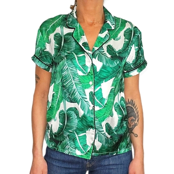 Shein Button Down Satin Blouse Small Green Palm Leaf - Picture 3 of 5